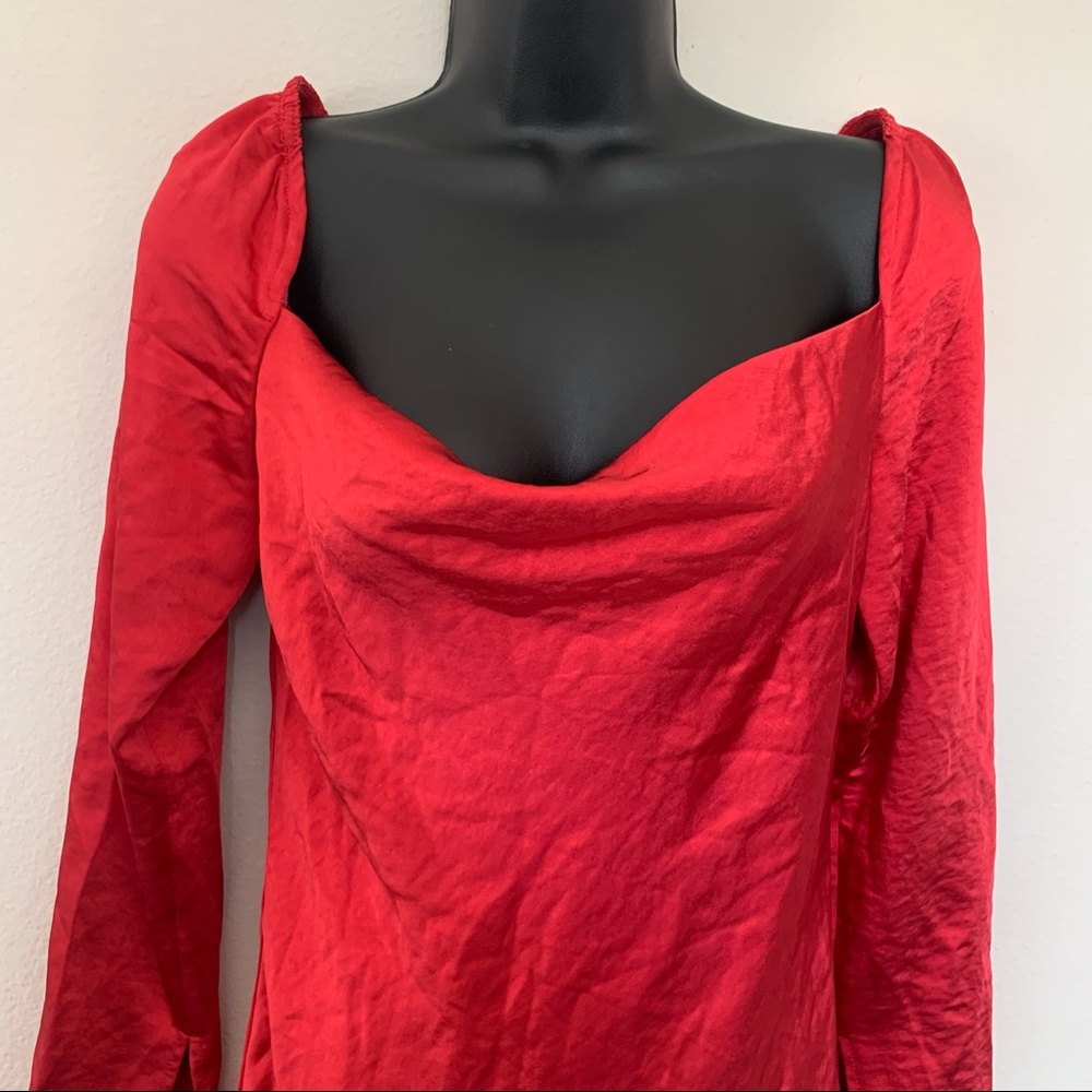 Princess Polly Star Power Red Satin Long Sleeve Cowl Neck Mini Dress - Picture 5 of 11